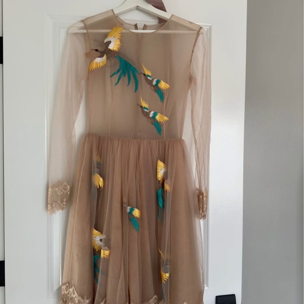 Elegant Sheer Dress with Bird Embroidery
